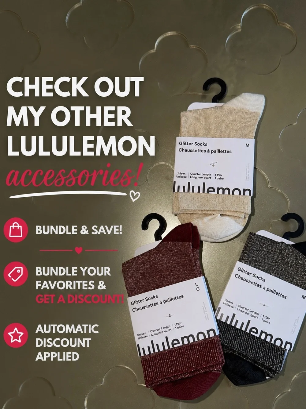 🆕 LULULEMON Glitter Quarter Socks Light Ivory NWT Size M